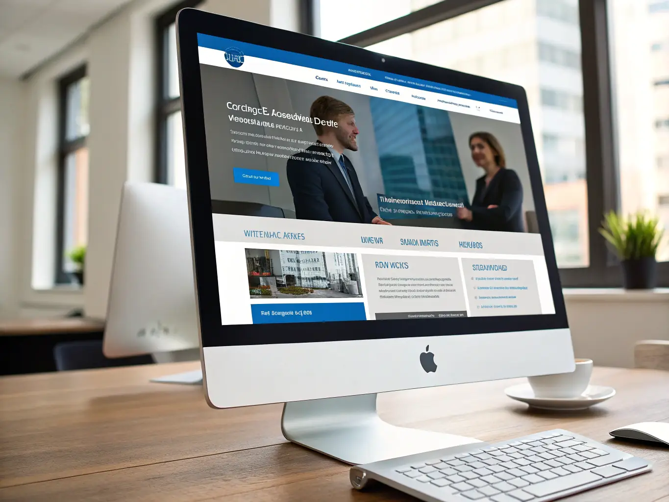 A professional office environment with IT specialists reviewing digital documents on secure computers, with compliance icons for HIPAA, CMMC, and NIST visible on screens, representing regulatory adherence in a business setting.