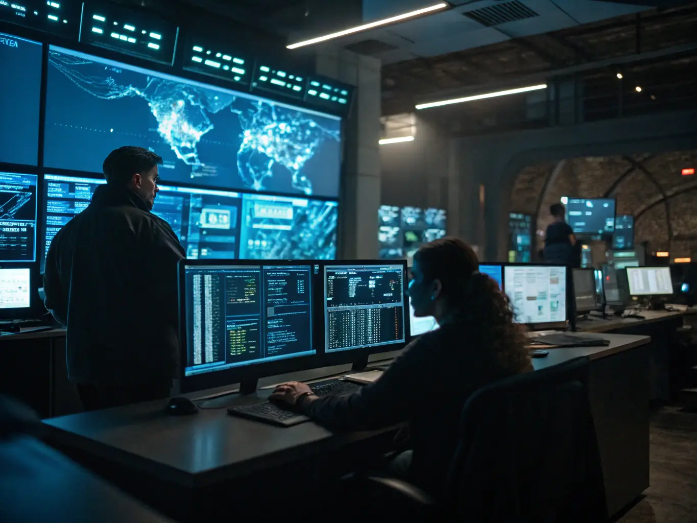 A network operations center with multiple screens displaying real-time security alerts, compliance dashboards, and system health metrics, representing The IT Department’s continuous monitoring and rapid incident response capabilities.