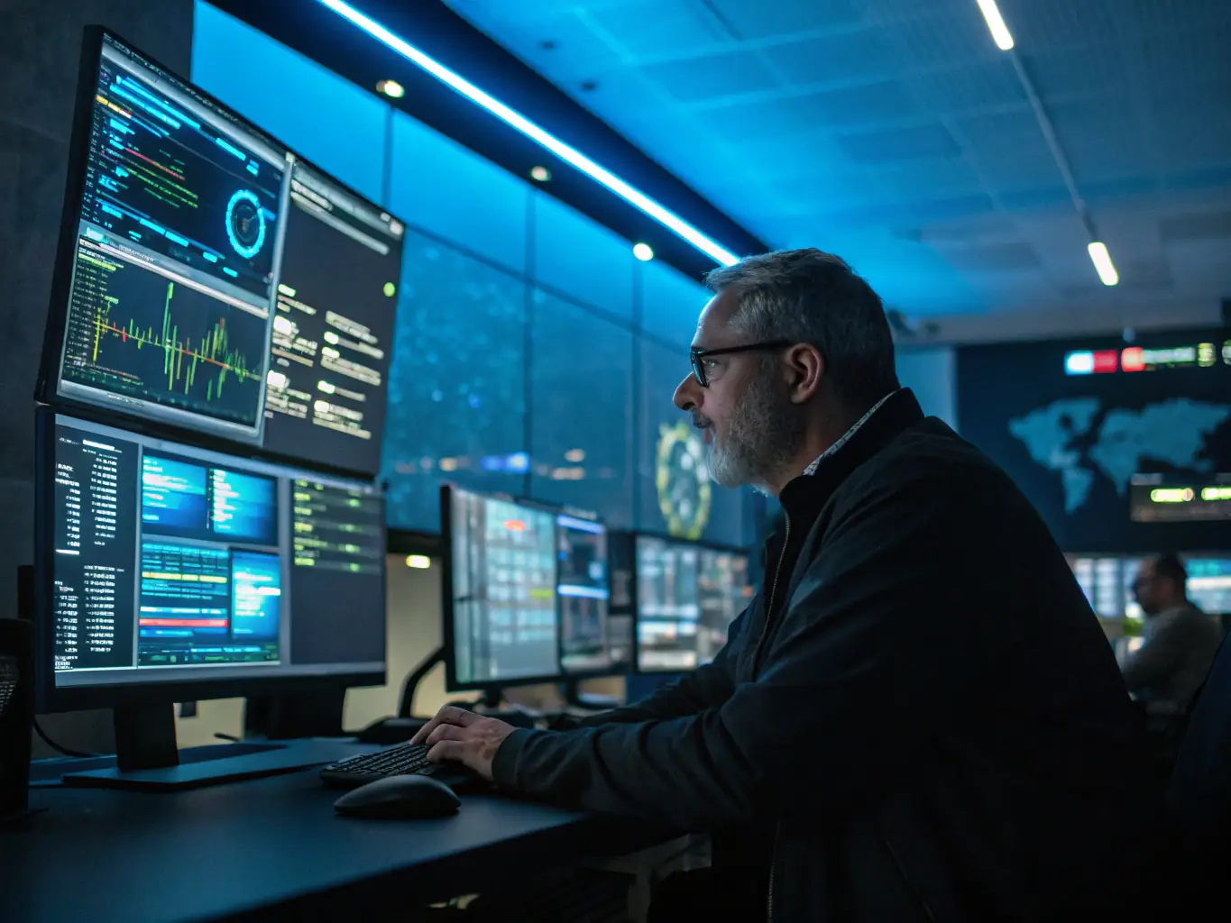 A cybersecurity specialist monitoring multiple screens displaying threat analytics and firewall dashboards in a secure operations center, illustrating advanced cybersecurity protection for organizations.