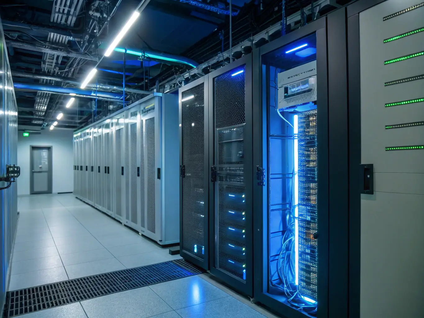 A secure server room with advanced access controls, biometric scanners, and encrypted data storage, illustrating The IT Department’s implementation of layered security measures to protect sensitive information and support compliance.