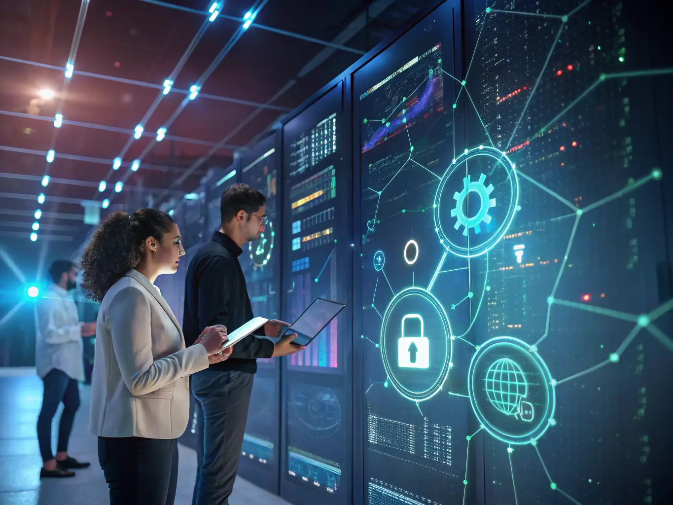 A dynamic illustration of a shield surrounded by floating data streams and padlocks, with a team of IT professionals collaborating at a digital whiteboard, representing proactive cybersecurity strategy and teamwork.