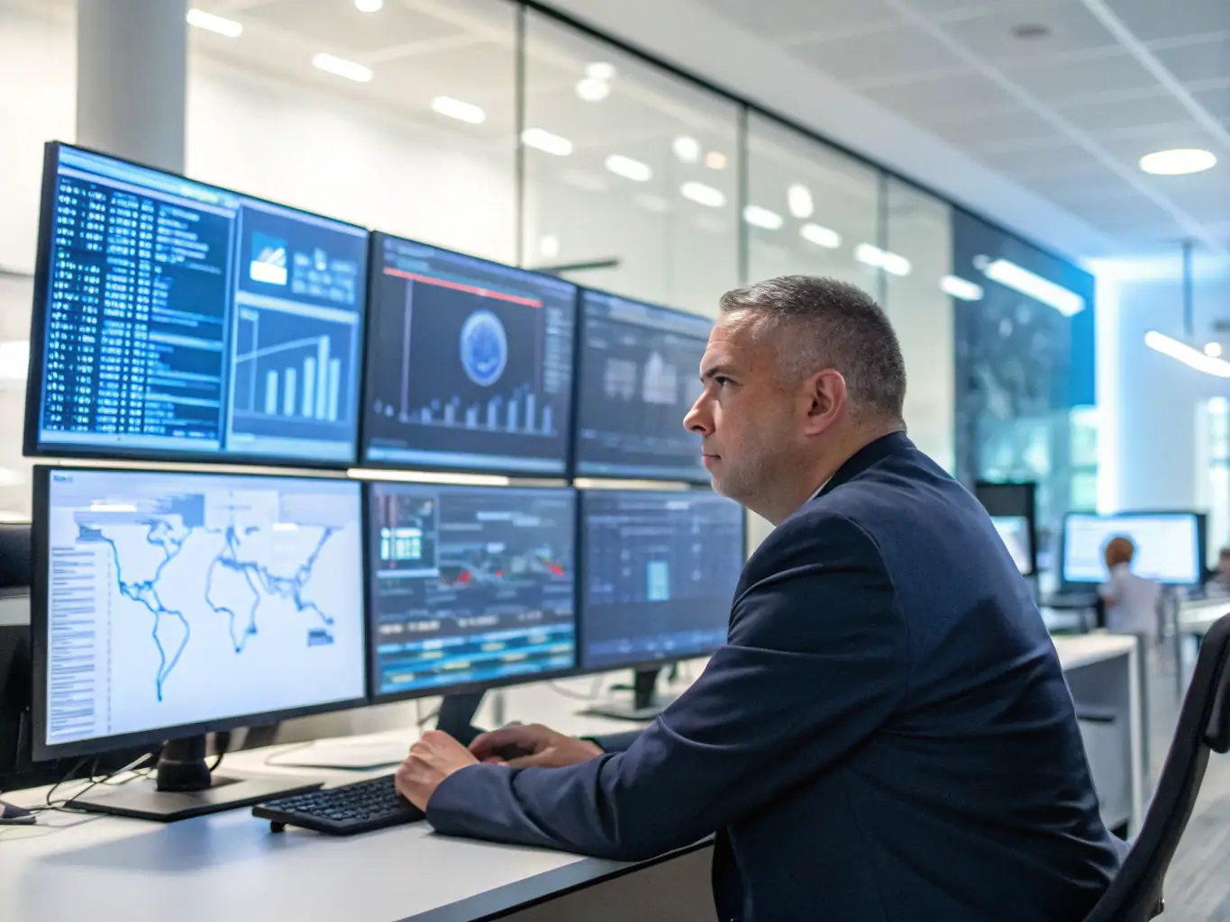 A close-up image of a professional IT specialist monitoring multiple screens displaying real-time threat detection dashboards, with digital shield icons overlayed, representing advanced cybersecurity monitoring in a modern office environment.
