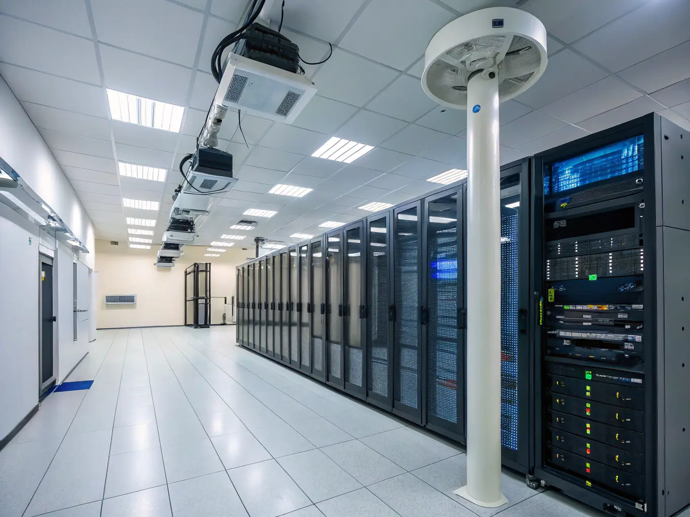 A secure private cloud environment with locked cabinets, biometric access, and a digital shield icon, emphasizing data privacy and custom hosting for sensitive organizational information.