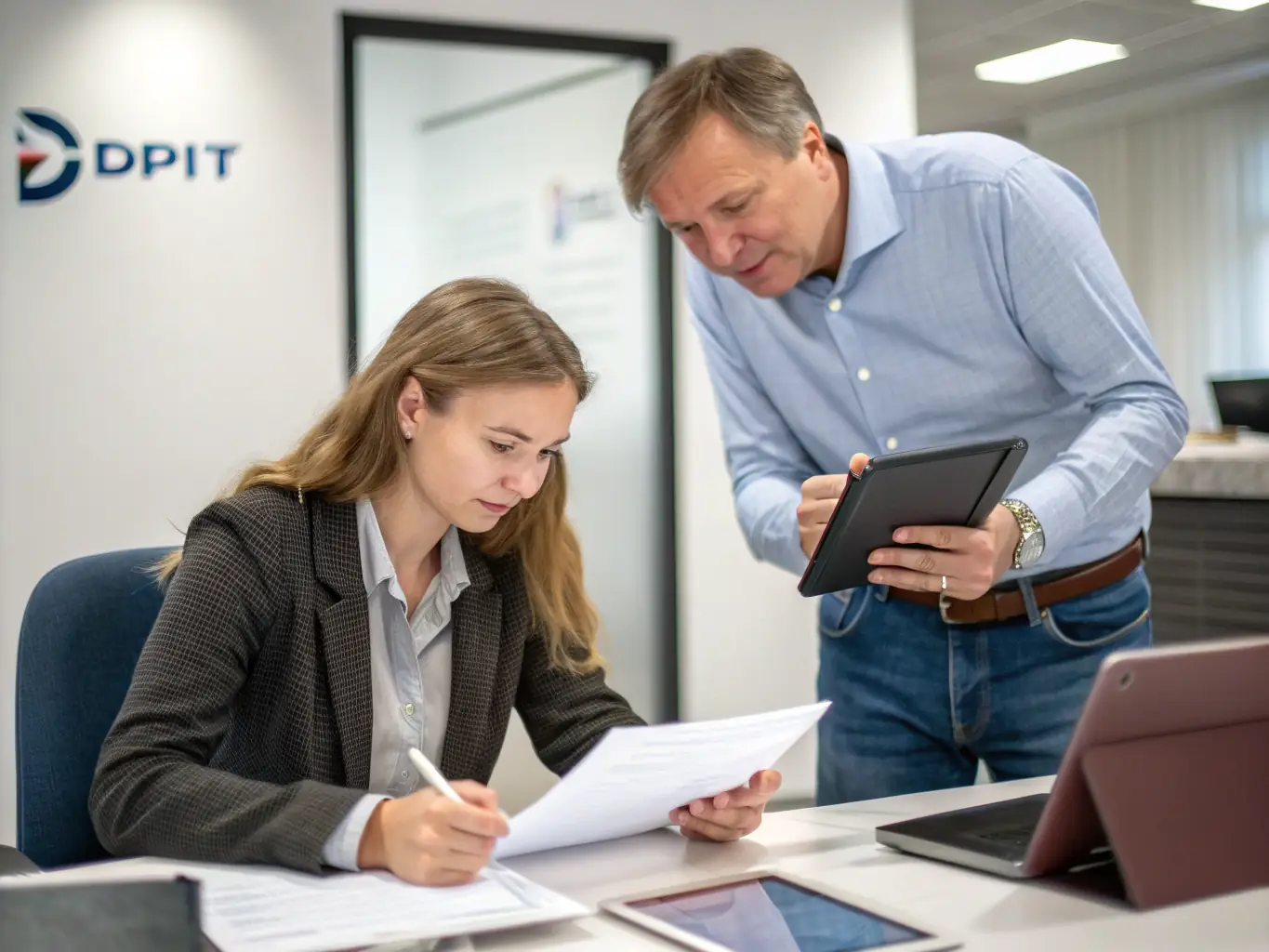A professional consultant from The IT Department meeting with a client in a modern office, reviewing compliance documentation and IT infrastructure diagrams on a digital tablet, emphasizing a collaborative and strategic approach to compliance consulting.