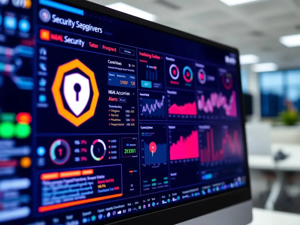 A close-up of a cybersecurity dashboard displaying SOC and PCI compliance status, with a professional IT consultant explaining results to a business manager in a modern office.