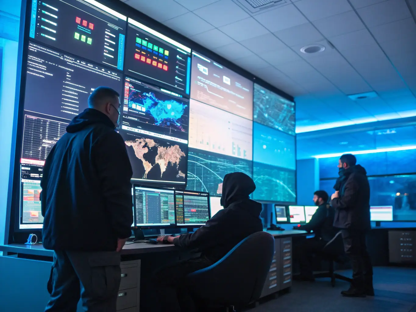 A professional photo of a security operations center with analysts monitoring Sentinel One dashboards, highlighting AI-driven endpoint security in a corporate setting.
