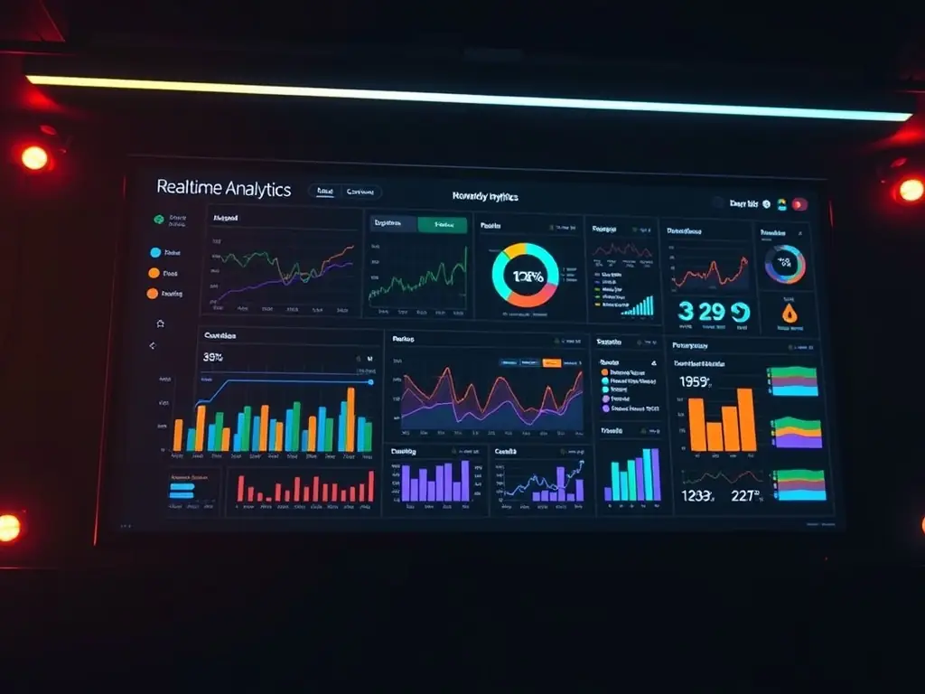 A dynamic dashboard interface displaying AWS cloud services, analytics graphs, and security alerts, illustrating real-time management and monitoring for hosted applications.