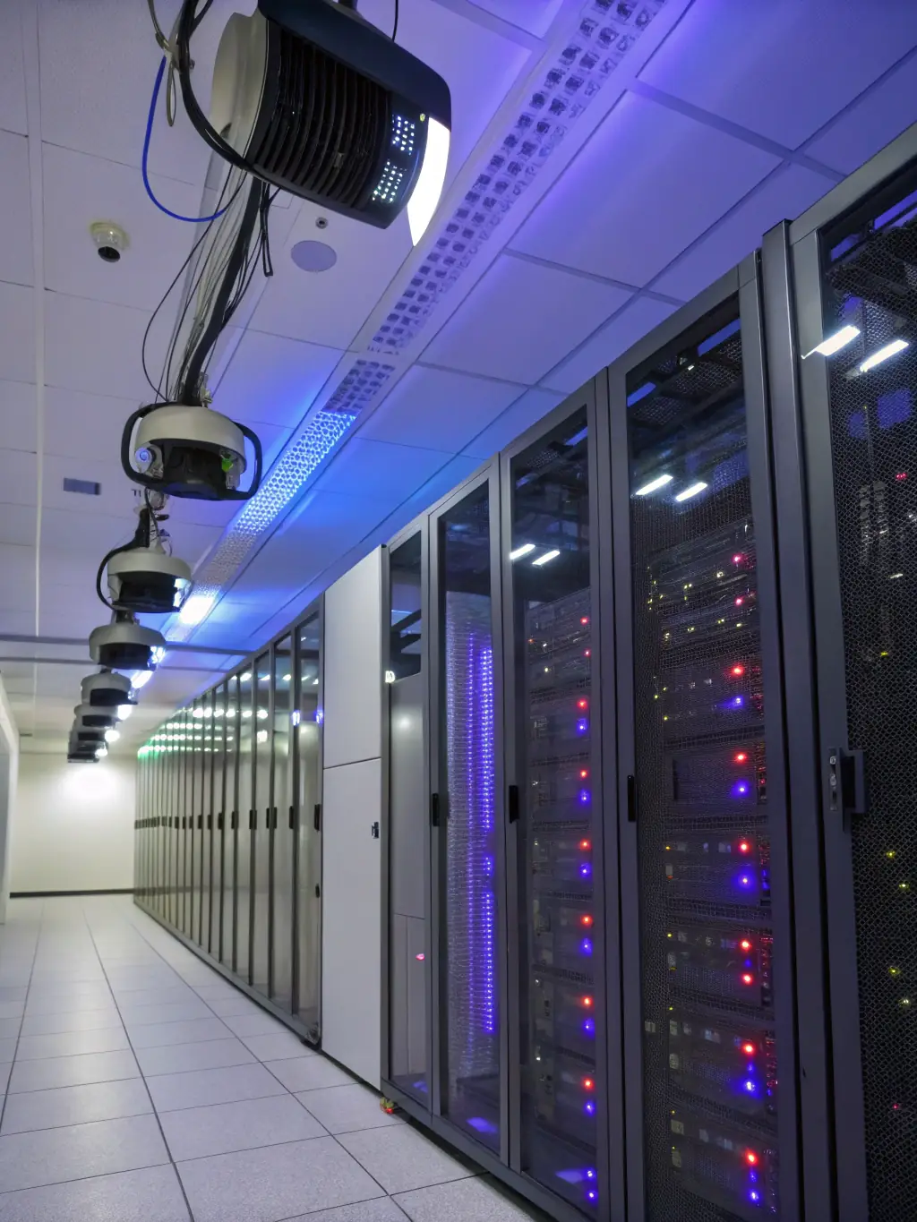 A modern data center with rows of illuminated servers, secure access controls, and redundant power supplies, representing robust infrastructure for enterprise cloud hosting.