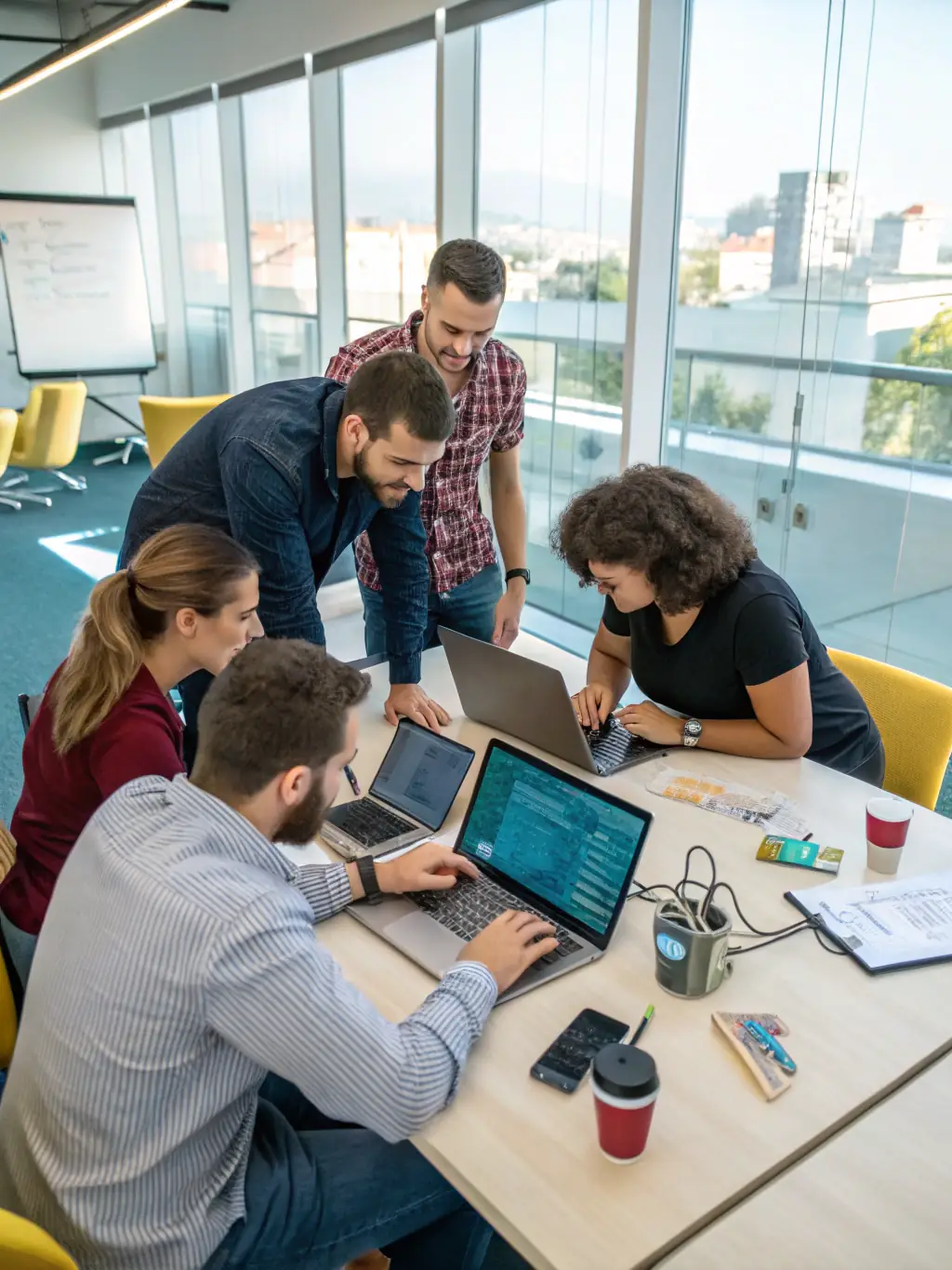 A team of IT professionals collaborating at workstations, analyzing dashboards and providing remote support, illustrating personalized service and technical expertise.