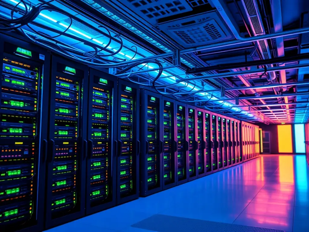 A high-resolution image of a secure server room with glowing blue LED lights, network cables, and biometric access panels, symbolizing robust infrastructure and reliable cybersecurity protection for business data.