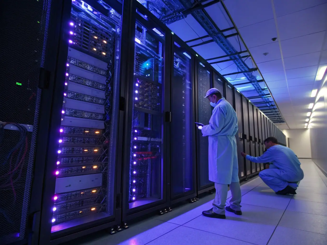 A modern server room with racks of hardware, glowing LED indicators, and a digital overlay showing Azure cloud integration, representing enterprise-grade infrastructure for business hosting.