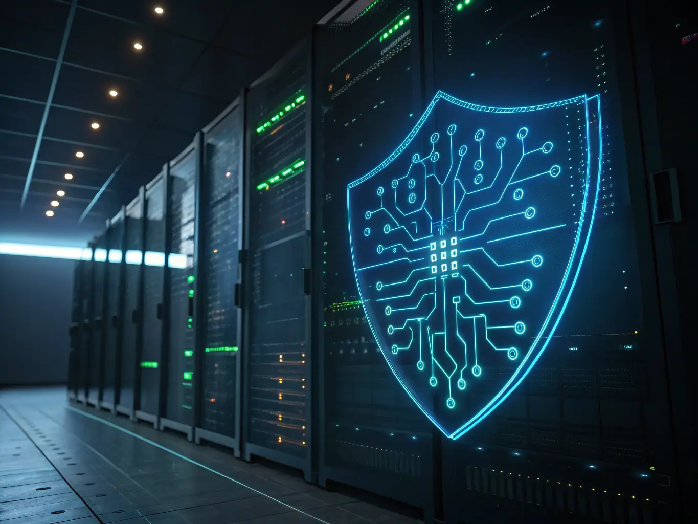 A detailed illustration of a digital shield overlaying a network diagram, symbolizing Guardz's multi-layered protection for cloud and on-premise environments, used to convey robust business security.